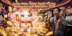"Ilustrasi anime kucing keberuntungan Lucky Neko dengan cat wild multiplier glowing dan player WD 70 juta gacor parah kucing sering muncul di 2026."